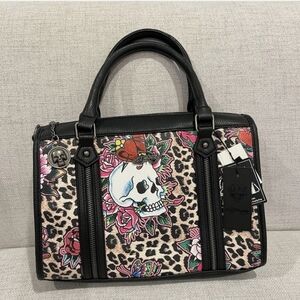 Ed Hardy Leopard Skull Floral Satchel - Black, Pink, Red